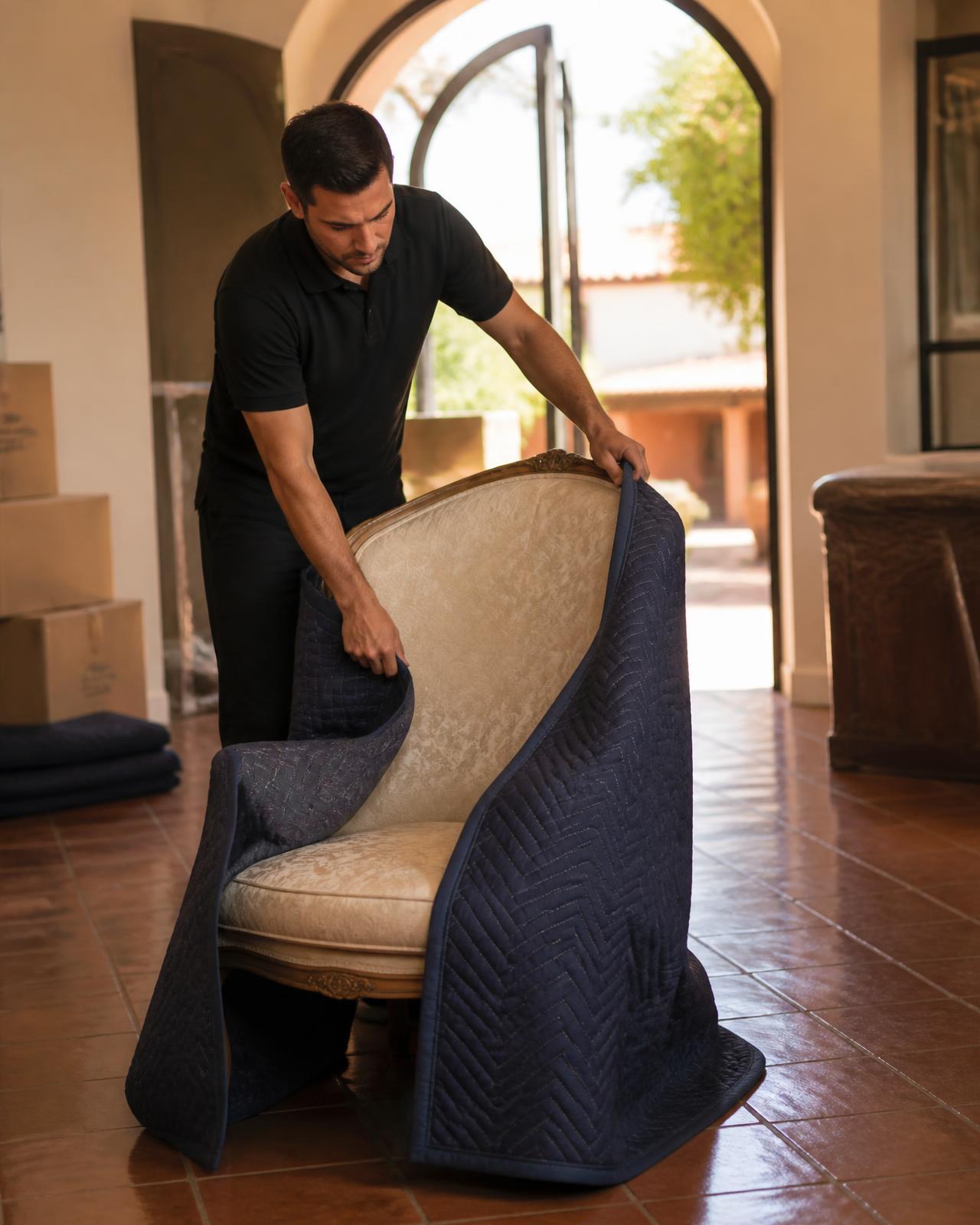 Movaro-medewerker verpakt een fauteuil zorgvuldig in een Zuid-Europese villa